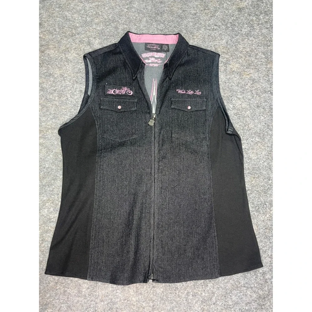 WOMEN'S‎ MOTORCYCLE WHOLE LOTTA LOVE DENIM SLEEVELESS ZIPPERED EMBROIDERED XL